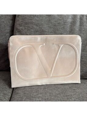 Valentino Beauty Nude Beige Velvet XL Flat Pouch  New